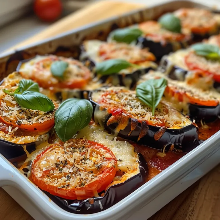Nahaufnahme von Melanzane al Forno mit gebackenem Käse.
