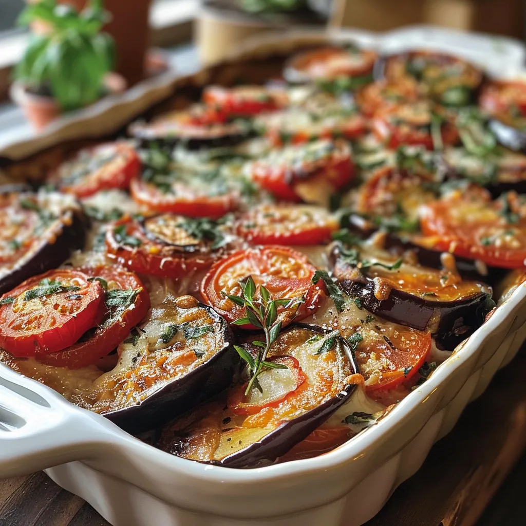 Seitenansicht eines köstlichen Melanzane al Forno mit schmelzendem Mozzarella.