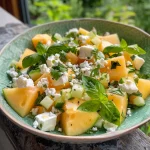 Nahaufnahme von Melonen-Feta-Salat mit Gurkenscheiben.