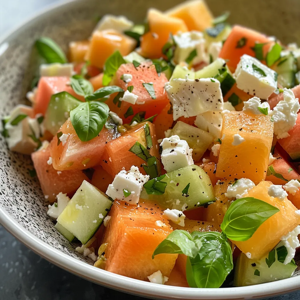 Melonen-Feta-Salat mit frischen Minzblättern, Olivenöl und Limettensaft.