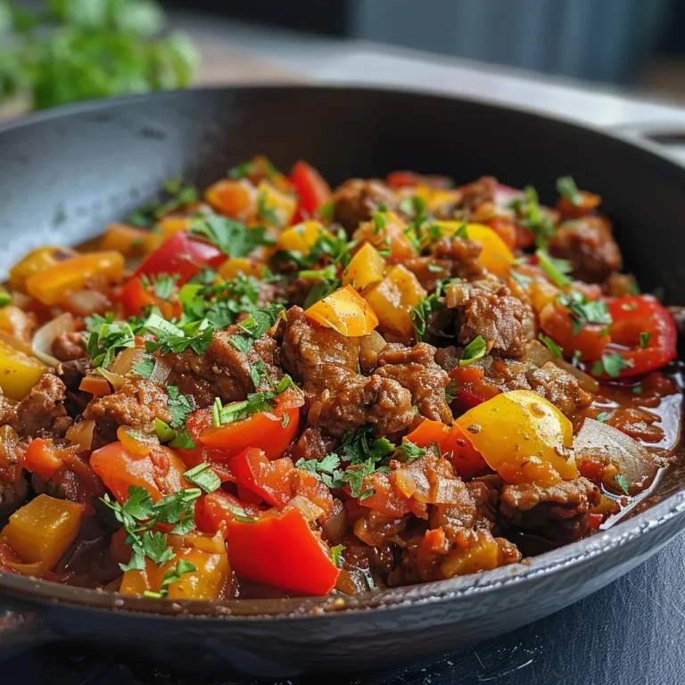 Nahaufnahme einer Mexikanischen Hackfleisch-Pfanne mit Kartoffeln, Zwiebeln und Paprika.