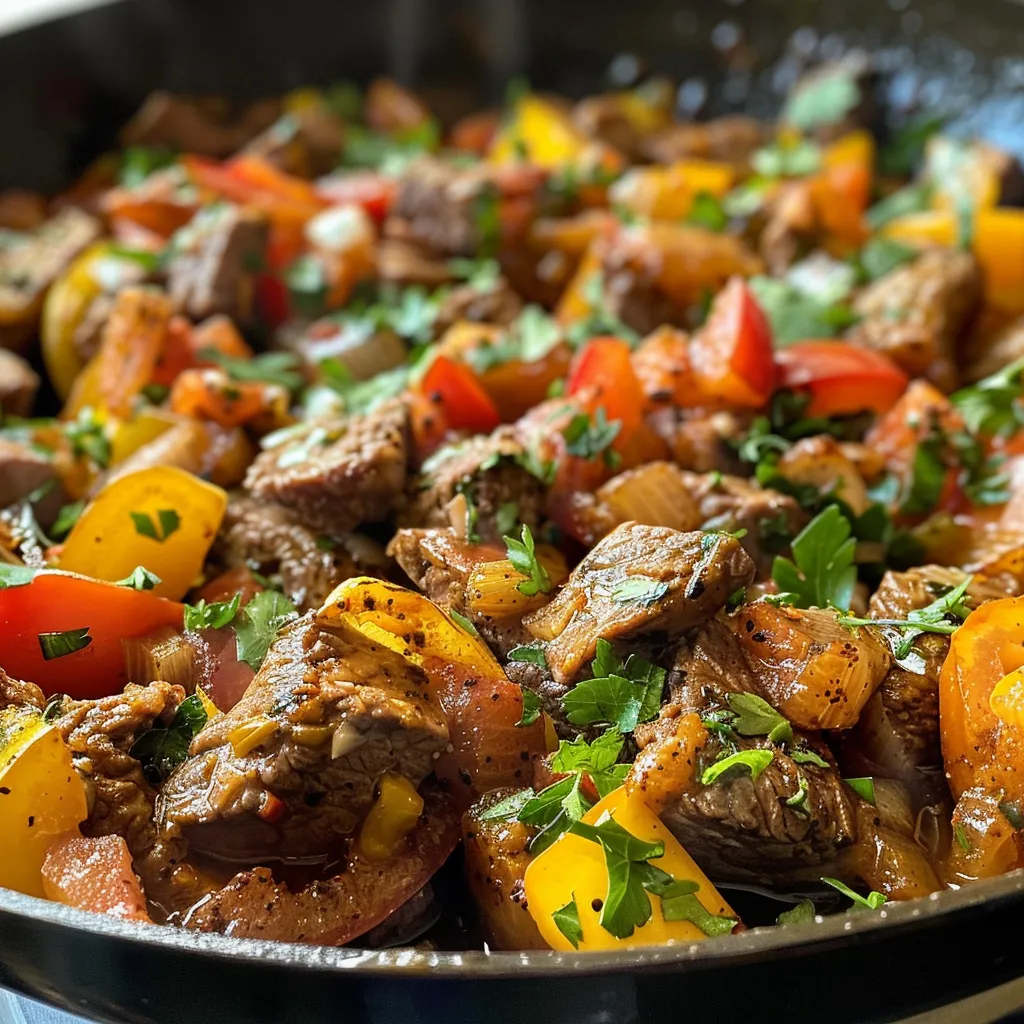 Seitenansicht einer bunten Pfanne mit Rinderhackfleisch, Tomaten und Gewürzen.