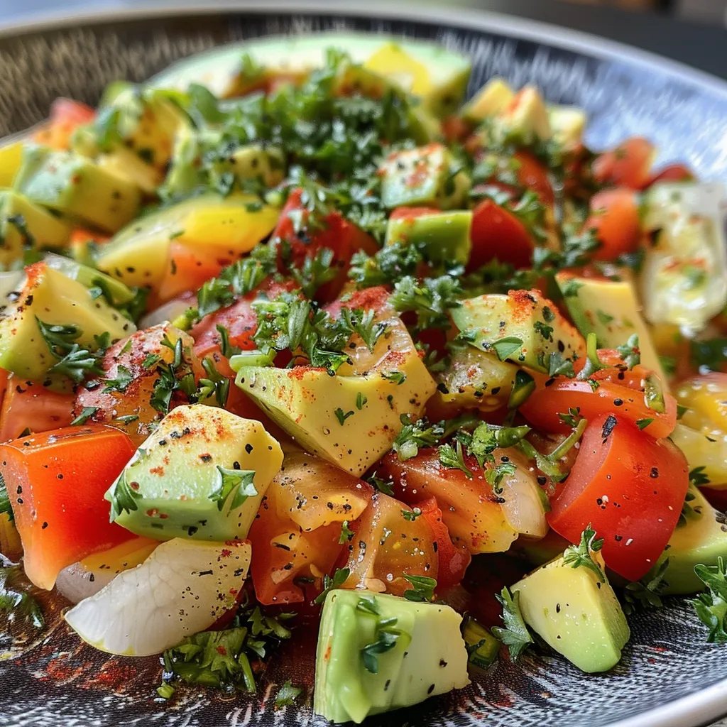 Detailaufnahme eines Gesichts von Mexikanischem Avocado Maissalat, der in einer Schüssel serviert wird.