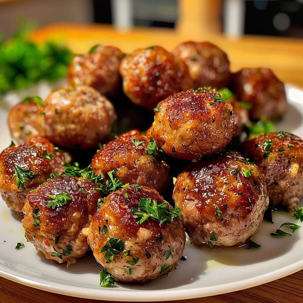 Seiteansicht von Mini-Frikadellen, goldbraun gebraten.