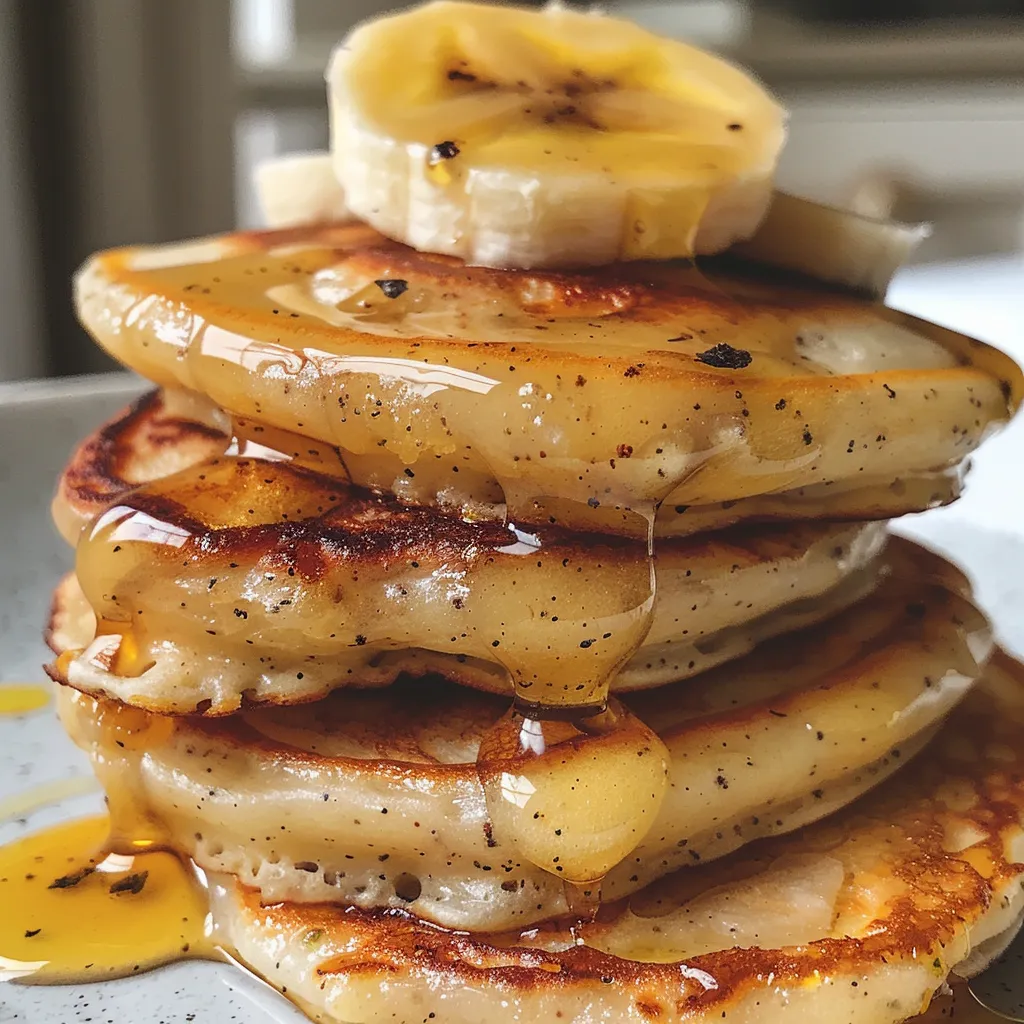 Side-Ansicht von saftigen Bananen-Pfannkuchen, die auf einem Holzbrett angeordnet sind.