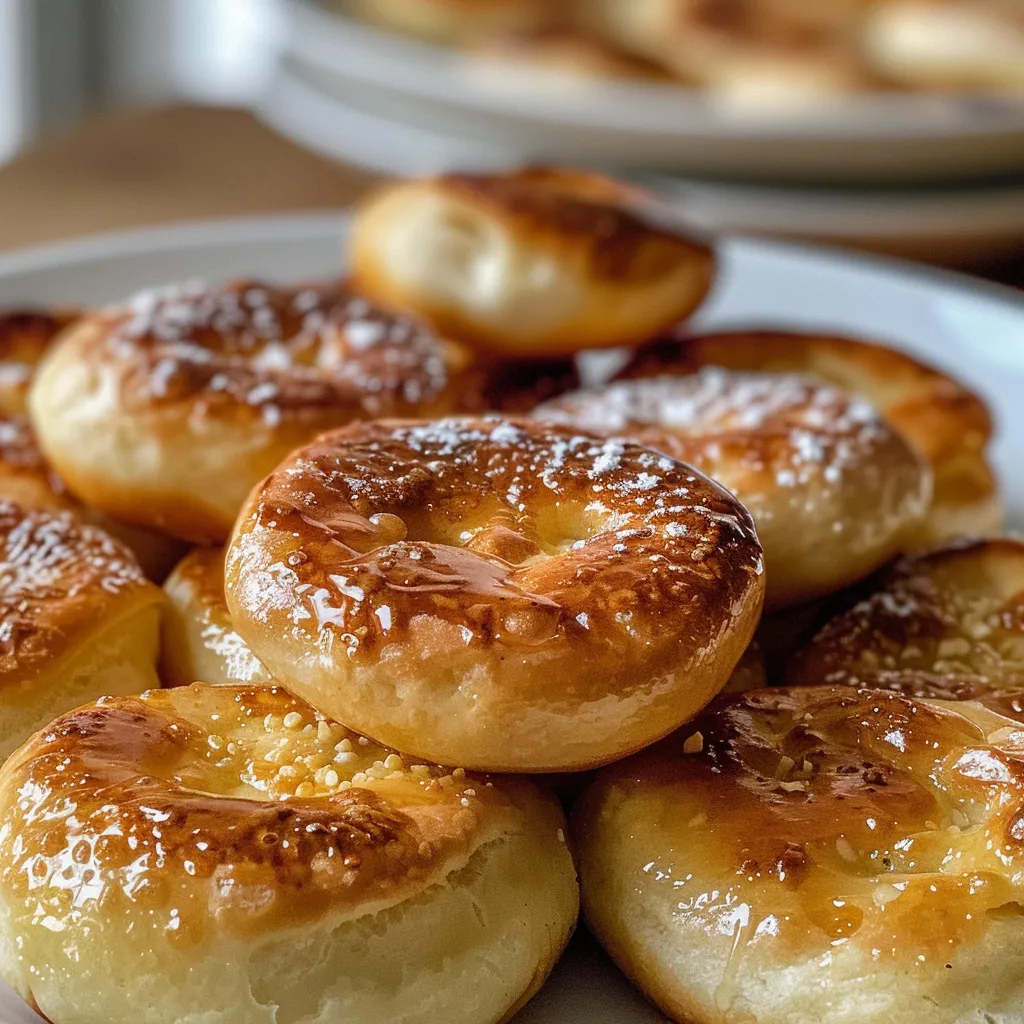 Seiteansicht von saftigen Mini-Pfannkuchen, dekoriert mit Früchten.