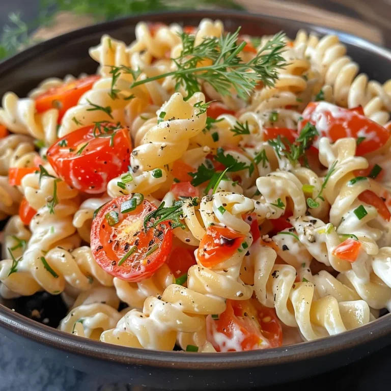 Nahaufnahme eines bunten Nudelsalats mit Joghurt-Dressing.