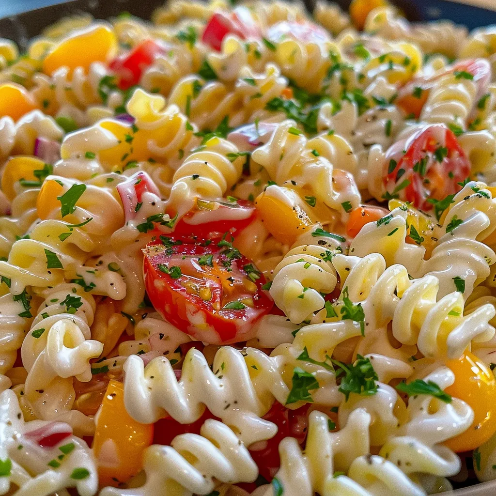 Frischer Nudelsalat mit Gemüse und Kräutern in einer Schüssel.