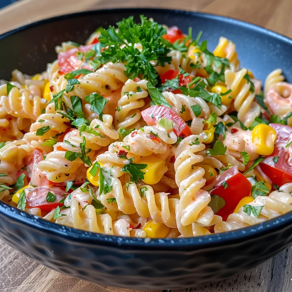 Juicy Nudelsalat nach mexikanischer Art in einer Schüssel, mit frischen Zutaten.