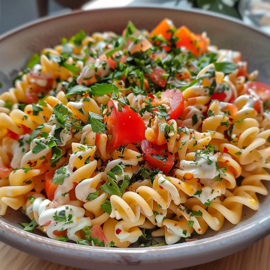 Nahaufnahme eines bunten Nudelsalats mit Bohnen, Mais und Paprika.