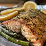 Nahaufnahme von Ofen-Lachs mit grünem Spargel, Saftigkeit und frischen Zutaten.