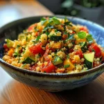 Nahaufnahme von Ofengemüse-Couscous in einer Schüssel, üppig mit frischem Gemüse.
