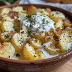 Nahaufnahme von Ofenkartoffeln mit Quark-Dip auf einem Tisch.
