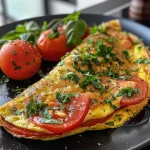 Nahaufnahme eines saftigen Tomaten-Basilikum-Omelettes von der Seite.