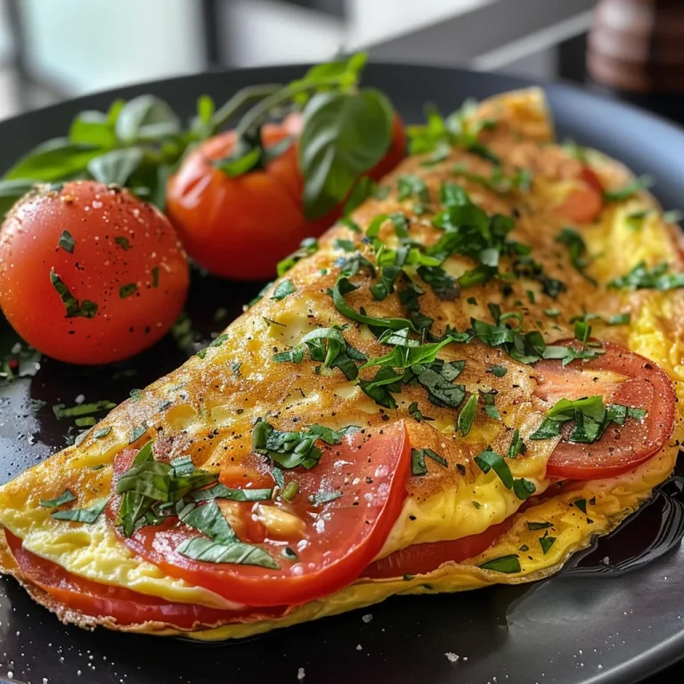 Nahaufnahme eines saftigen Tomaten-Basilikum-Omelettes von der Seite.