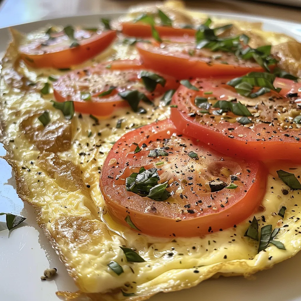 Detailansicht eines Omeletts mit Tomaten und frischem Basilikum.