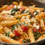 Nahaufnahme eines schmackhaften One Pot Feta-Spinat Pasta Gerichts.