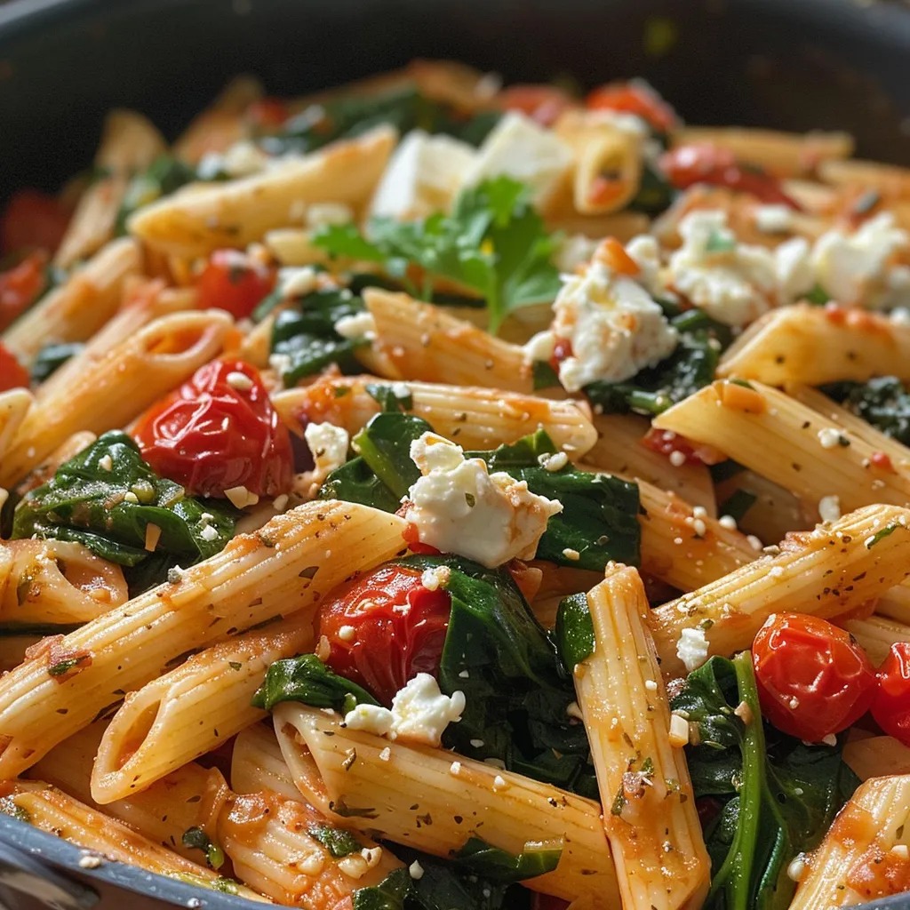 Seiteansicht von One Pot Feta-Spinat Pasta auf einem Teller.