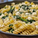 Close-up shot of One Pot Pasta with spinach and feta, showcasing creamy texture.