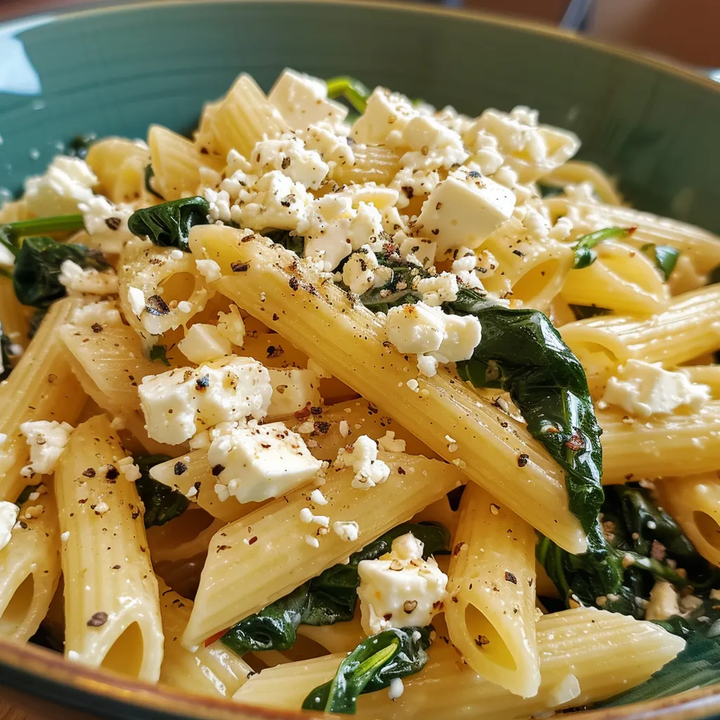 Side view of a bowl filled with delicious One Pot Pasta with fresh spinach and feta cheese.