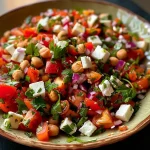 Nahaufnahme eines bunten Roten Linsensalats mit Feta und frischem Gemüse.