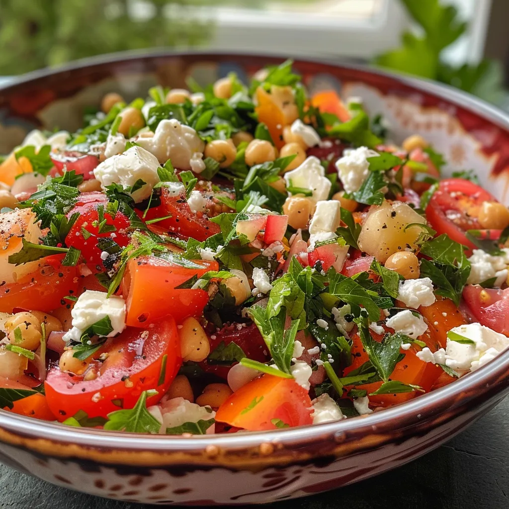 Seiteansicht eines gesunden Orientalischen Rote Linsensalats mit Kräutern und Feta.