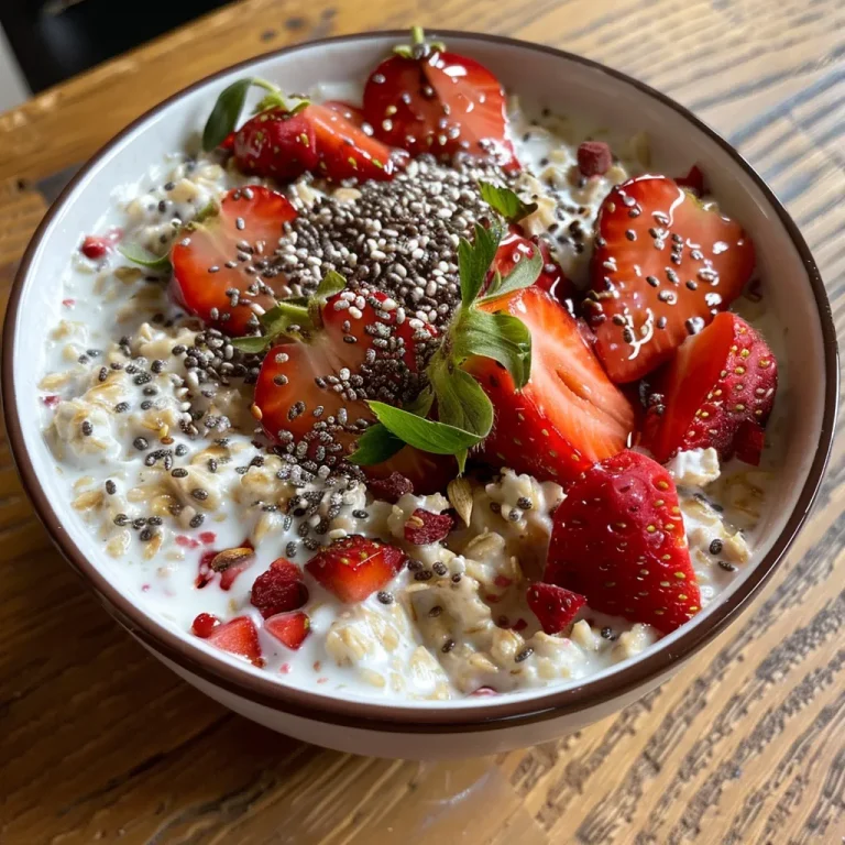 Nahaufnahme von Overnight Oats mit Erdbeeren in einer Schüssel.