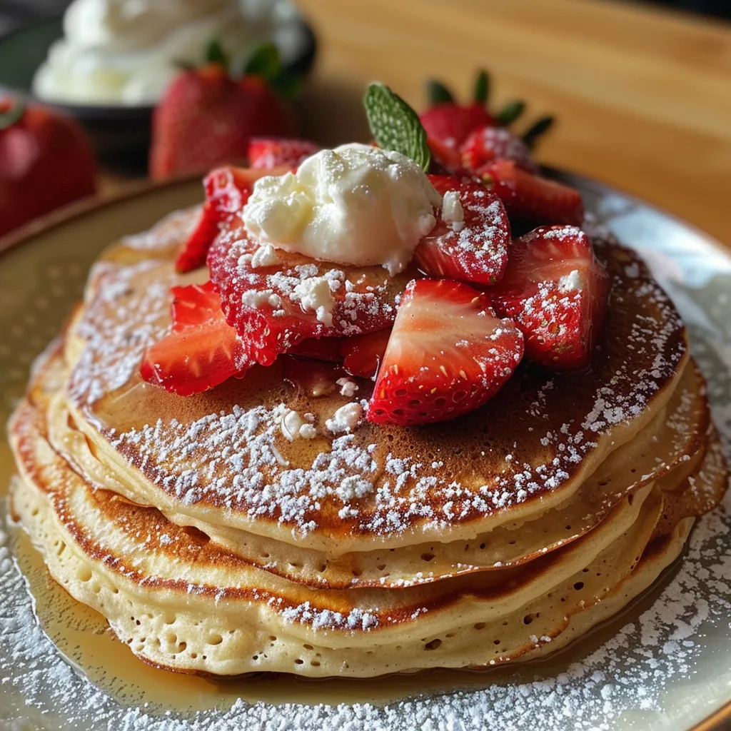 Detailaufnahme von saftigen Erdbeeren-Pfannkuchen mit Sahne.