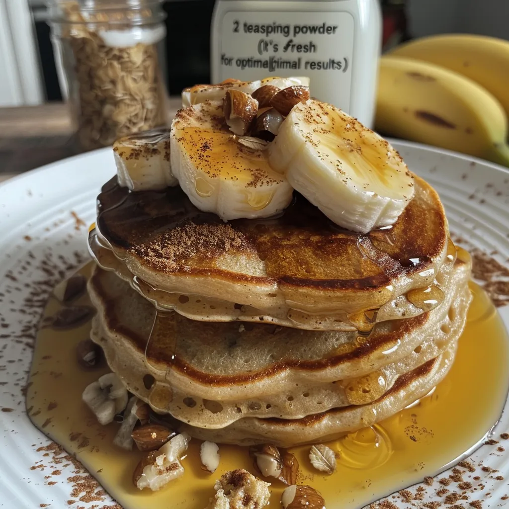 Seitenansicht von köstlichen, goldenen Pfannkuchen mit Bananenstückchen.