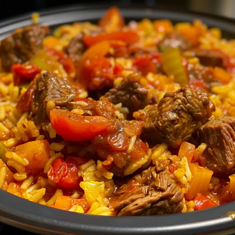Nahaufnahme einer Paprika-Reis-Pfanne mit Hackfleisch in einer Pfanne.