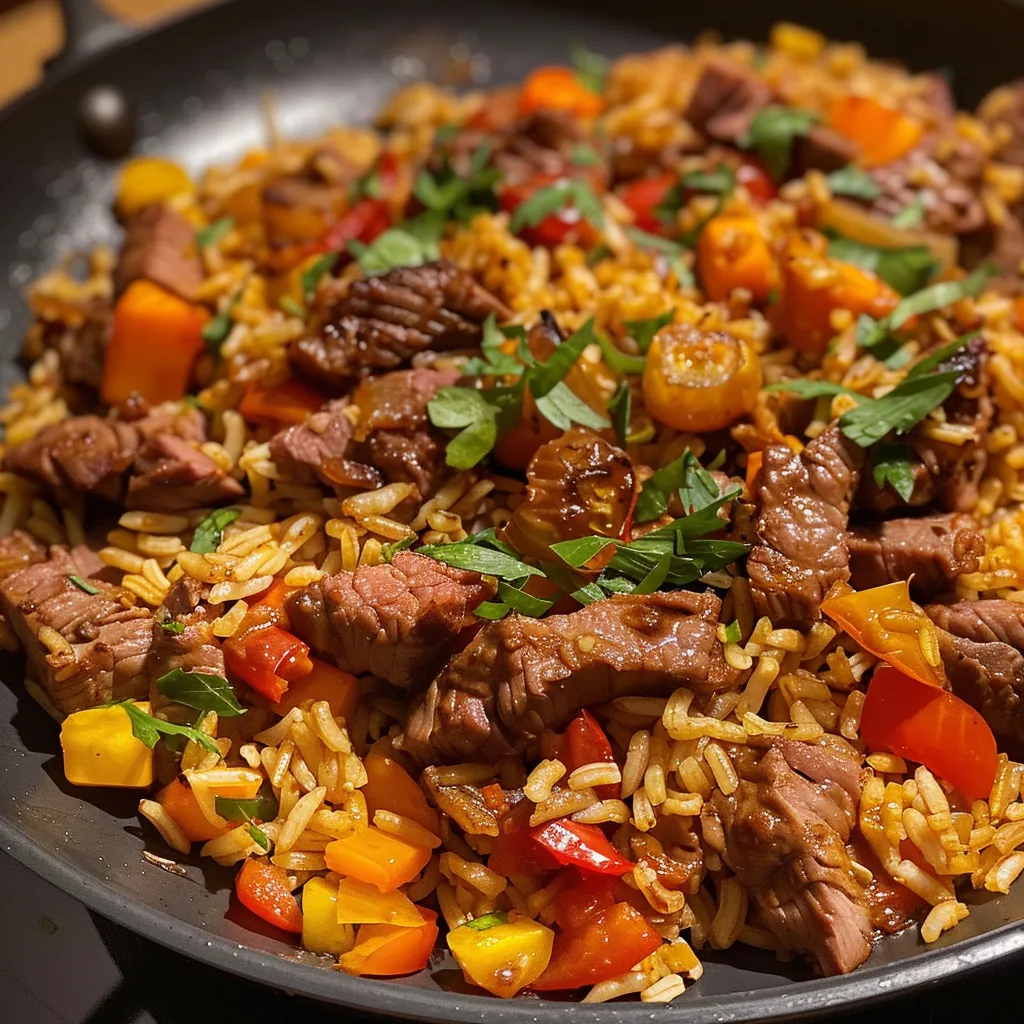 Bunte Paprika und Hackfleisch in einer Reis-Pfanne, schön angerichtet.