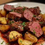 Nahaufnahme einer Paprika-Rindfleisch-Pfanne, die reichhaltige Farben und Texturen zeigt.