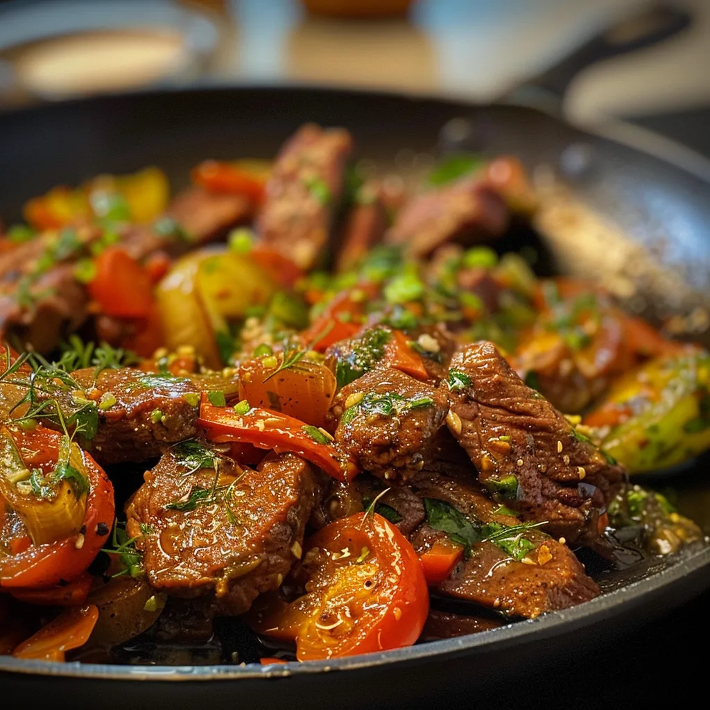 Seitliche Ansicht einer glänzenden Rindfleisch-Paprika-Pfanne, gefüllt mit saftigem Fleisch und buntem Gemüse.