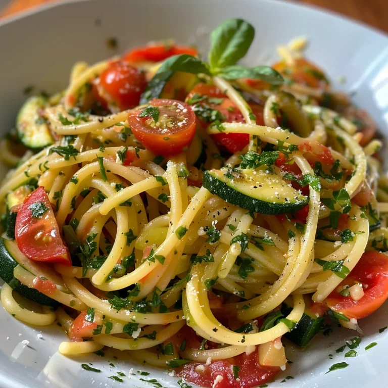 Nahaufnahme von Linguine mit Zucchini und Zitronensauce in einer weißen Schale.