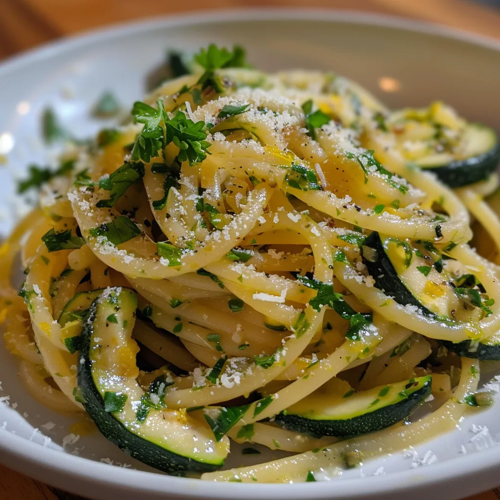Seiteansicht eines Tellers Pasta mit Zucchini und frischer Zitronensauce, garniert mit Basilikum.