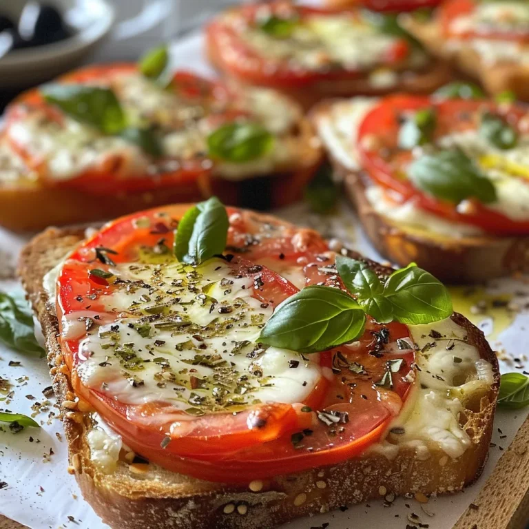 Saftige Pizza-Toasts mit Tomaten, Oliven und Mozzarella auf einem Teller.