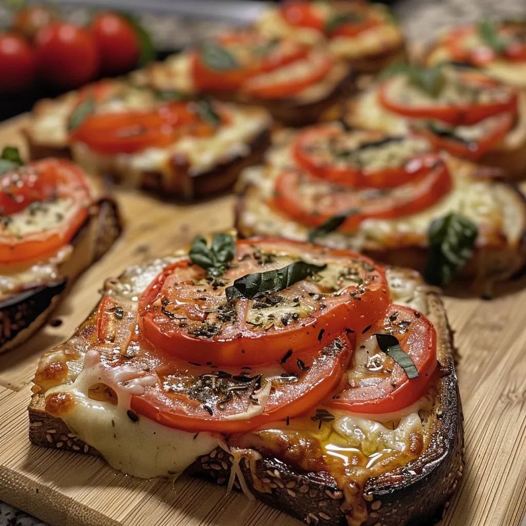 Nahaufnahme von Pizza-Toasts mit frischen Zutaten wie Kirschtomaten und Basilikum.