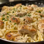 Nahaufnahme von saftigem Pollo Alfredo mit Pasta.