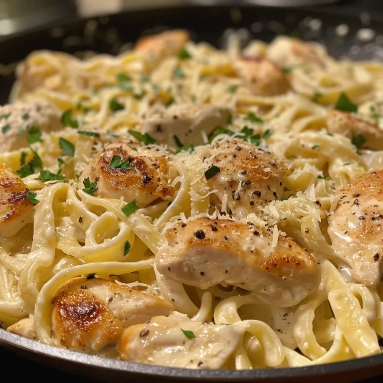 Nahaufnahme von saftigem Pollo Alfredo mit Pasta.