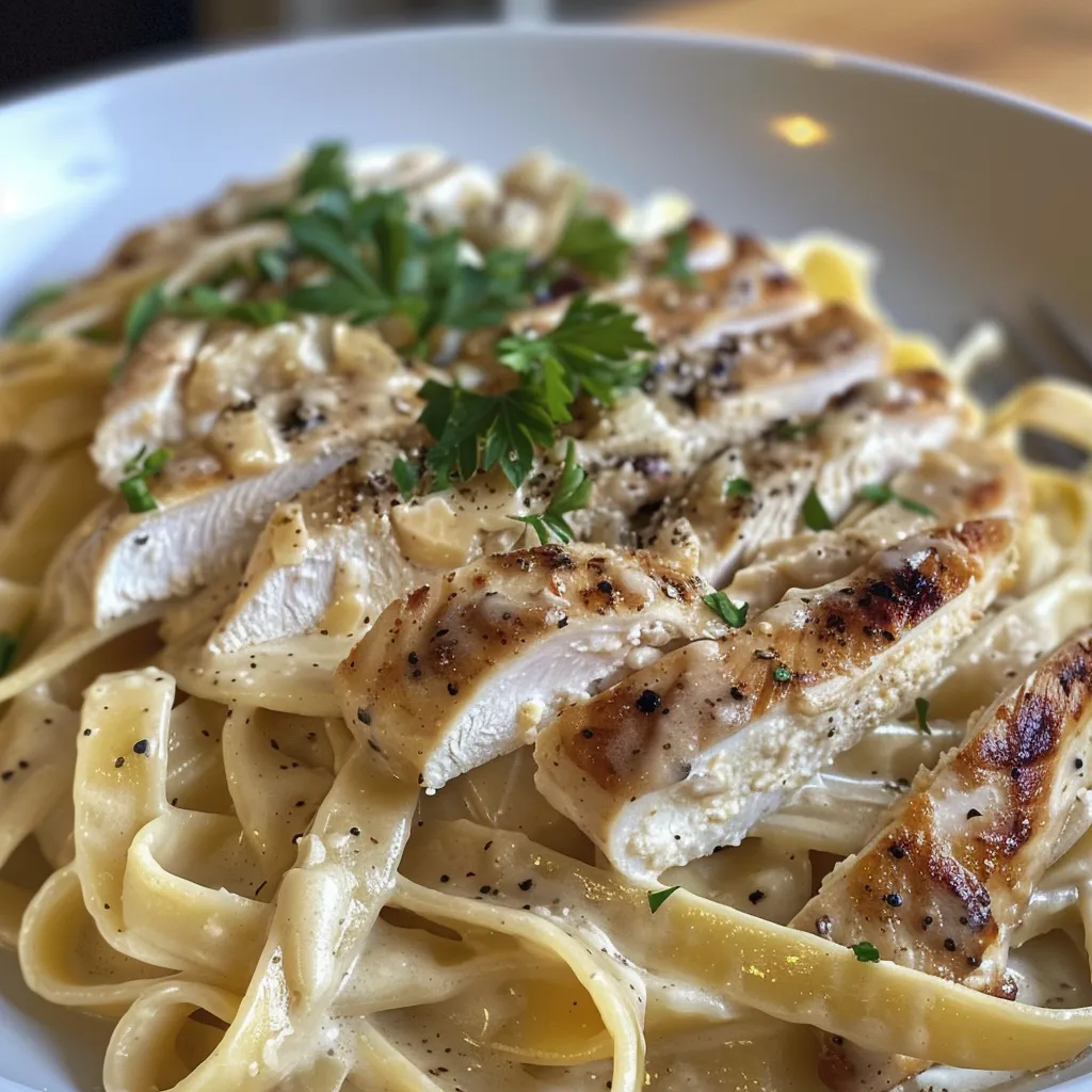 Seitenansicht eines Teller voll Chicken Alfredo und frischen Kräutern.