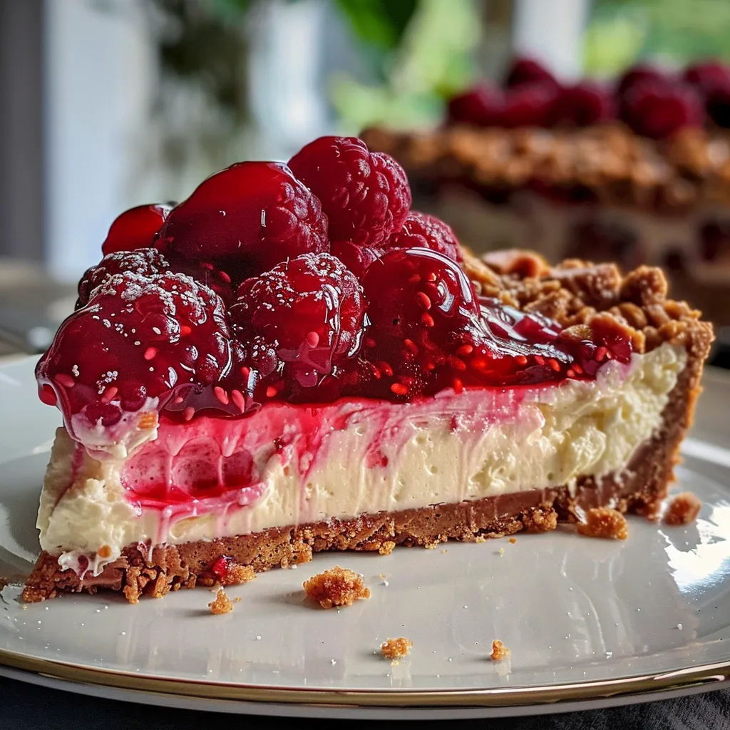 Nahaufnahme von Rhabarber-Cheesecake mit goldbraunen Streuseln.
