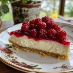 Nahaufnahme eines Rhabarber-Cheesecake-Desserts in seitlicher Ansicht.