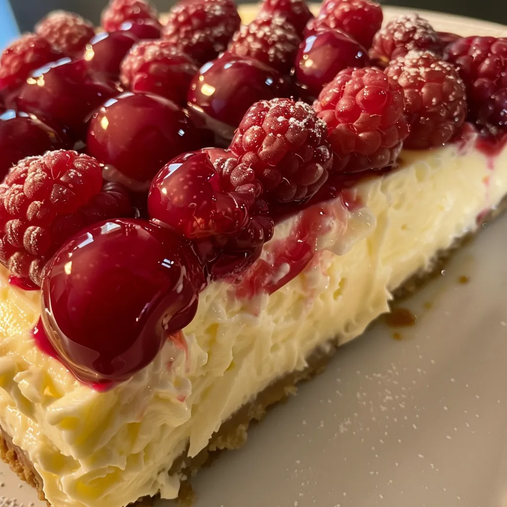 Rhabarber-Cheesecake-Dessert präsentiert von der Seite mit einer cremigen Textur.