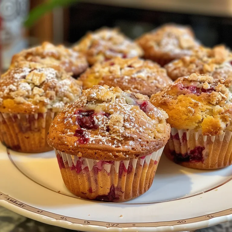 Ein saftiger Rhabarber-Muffin mit Streuseln in Nahaufnahme.