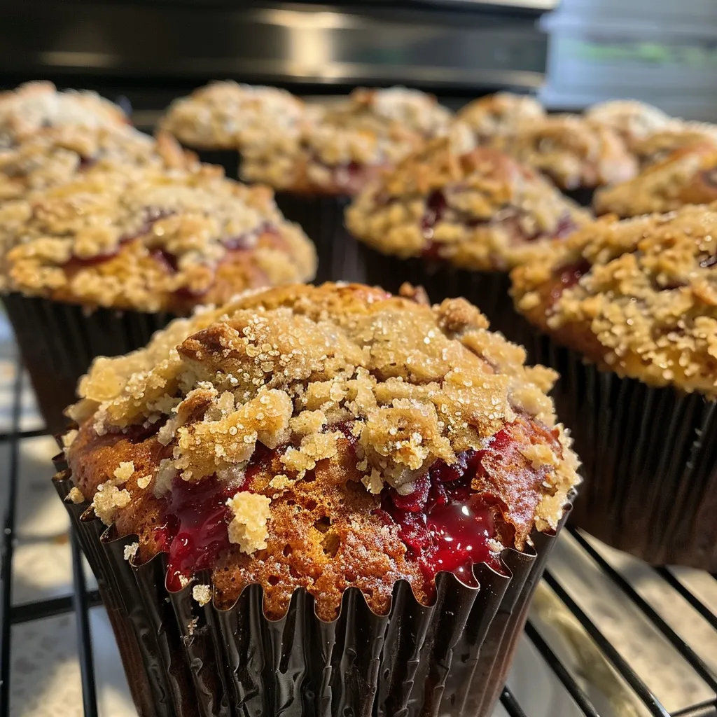 Seitenansicht eines frisch gebackenen Rhabarber-Muffins.