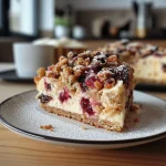 Nahaufnahme eines saftigen Rhabarberkuchens mit Quark von der Seite.