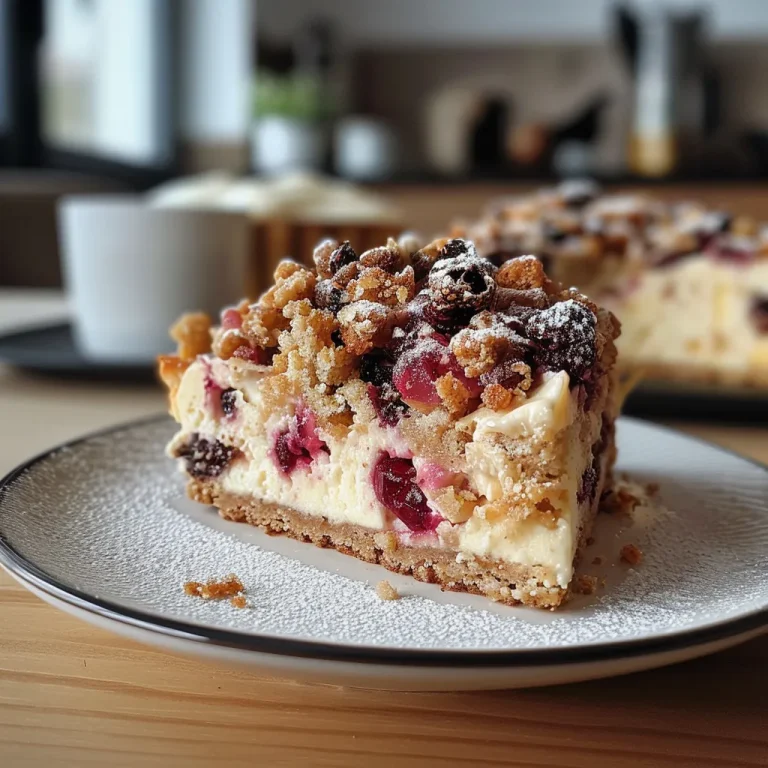 Nahaufnahme eines saftigen Rhabarberkuchens mit Quark von der Seite.