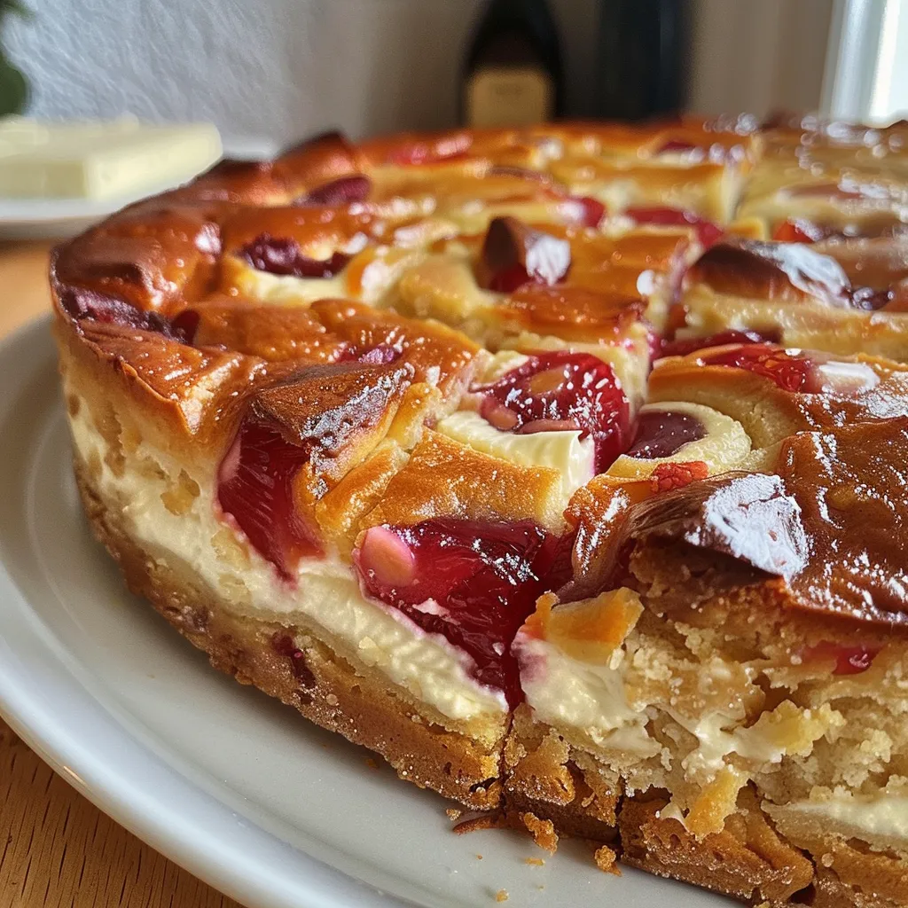 Seitenansicht eines goldbraunen Rhabarberkuchens mit Quarkfüllung.