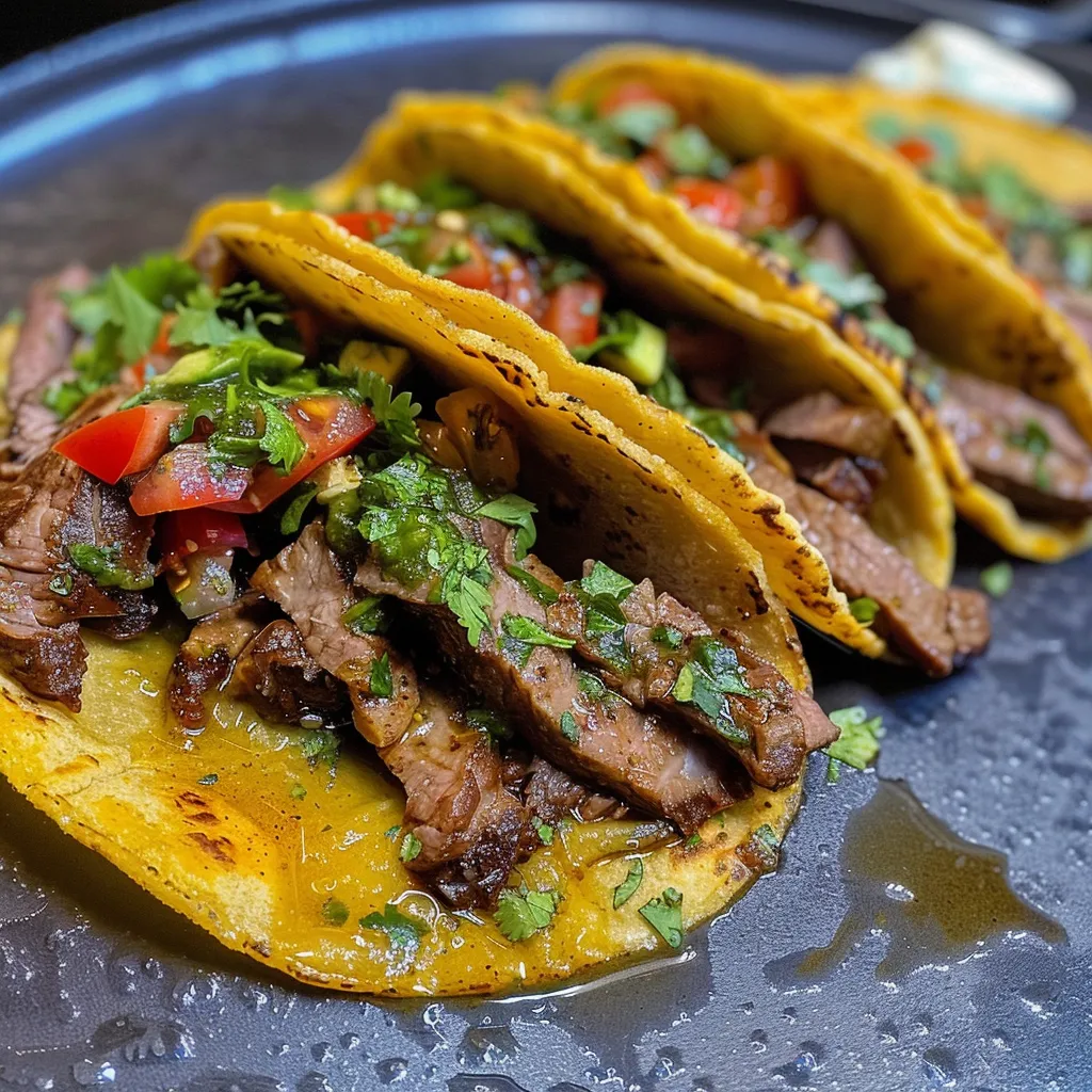 Nahaufnahme von saftigen Rinderhackfleisch-Tacos, garniert mit frischem Koriander.