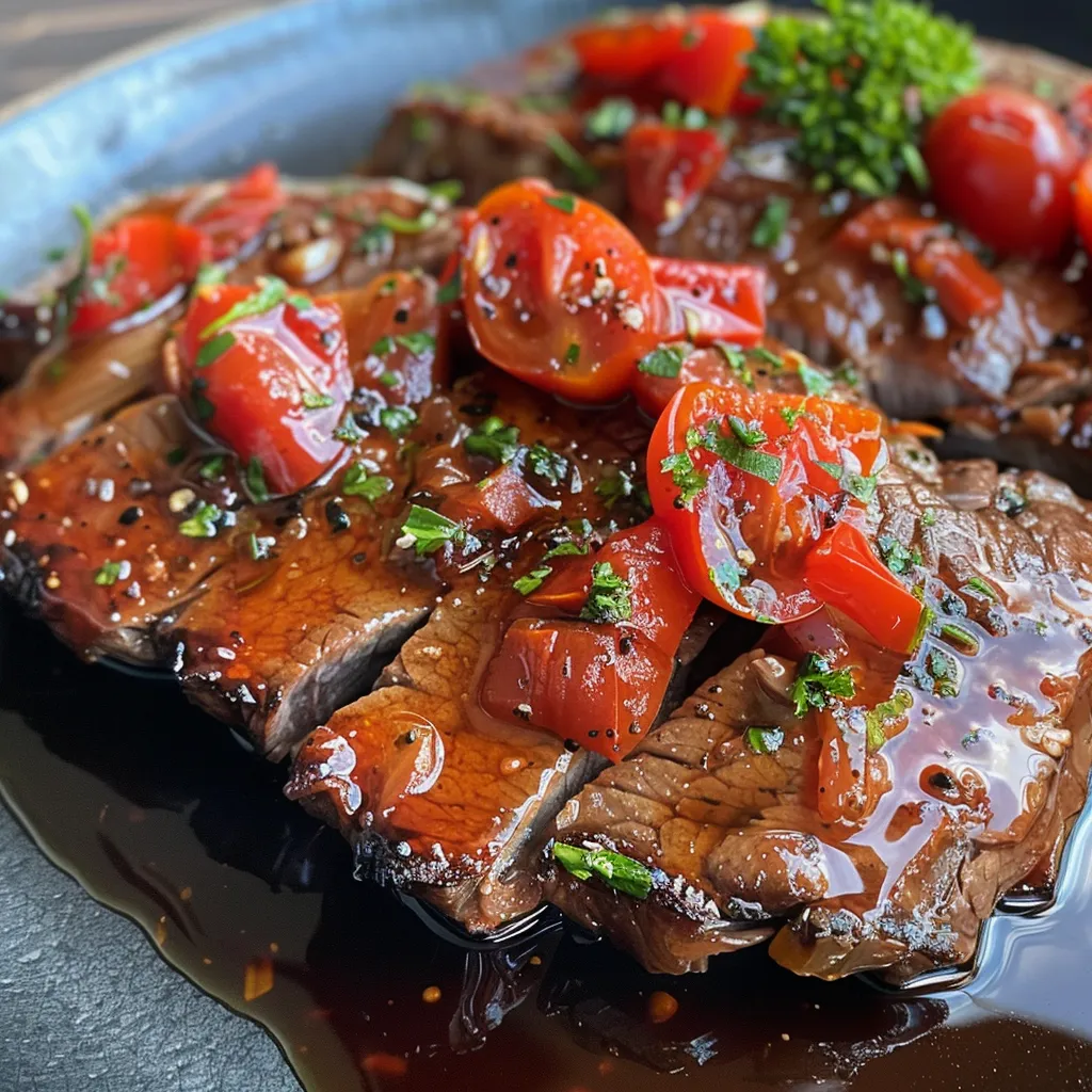 Verführerisches Gericht mit saftigem Rindfleisch, bunten Paprika und Zwiebeln.